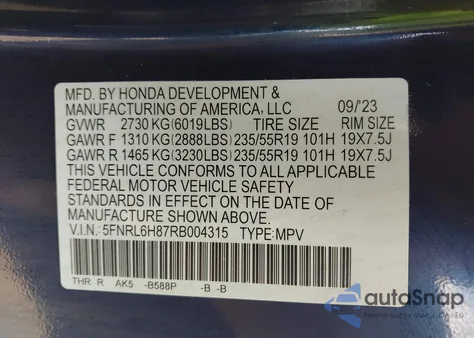 2024 Honda Odyssey Touring из США, поврежденный, VIN 5FNRL6H87RB004315